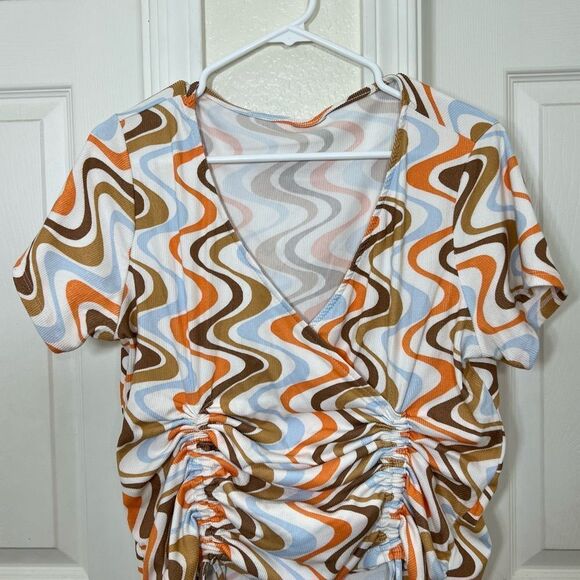 Funky Retro 70’s Top White Blue Brown Orange Geo Stripes Ribbed Short Sleeve XL - Picture 8 of 10